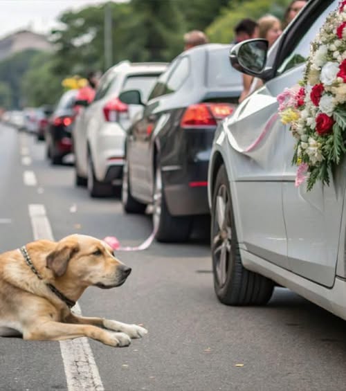 Свадебный кортеж едва успел затормозить около собаки. Но кто бы мог подумать