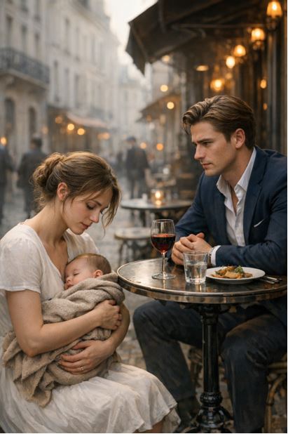 Она тихо встала на колени рядом с его столиком на тротуаре, прижимая к себе новорожденного. «Пожалуйста, я не прошу денег—только немного вашего времени.»